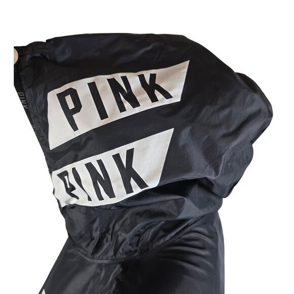 Victoria Secret Pink Black Large Logo Pockets Hooded Rain Packable Jacket M - Picture 3 of 5